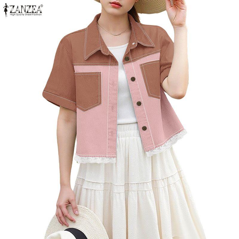 ZANZEA Women Turn Down Collar Summer Casual Short Sleeve Blouse