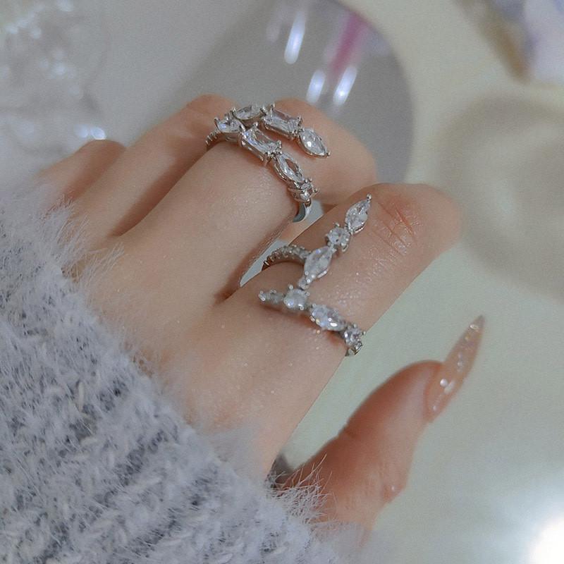 Stylish Adjustable Open Ring With Shimmering Zircon Stones For Trendy Women