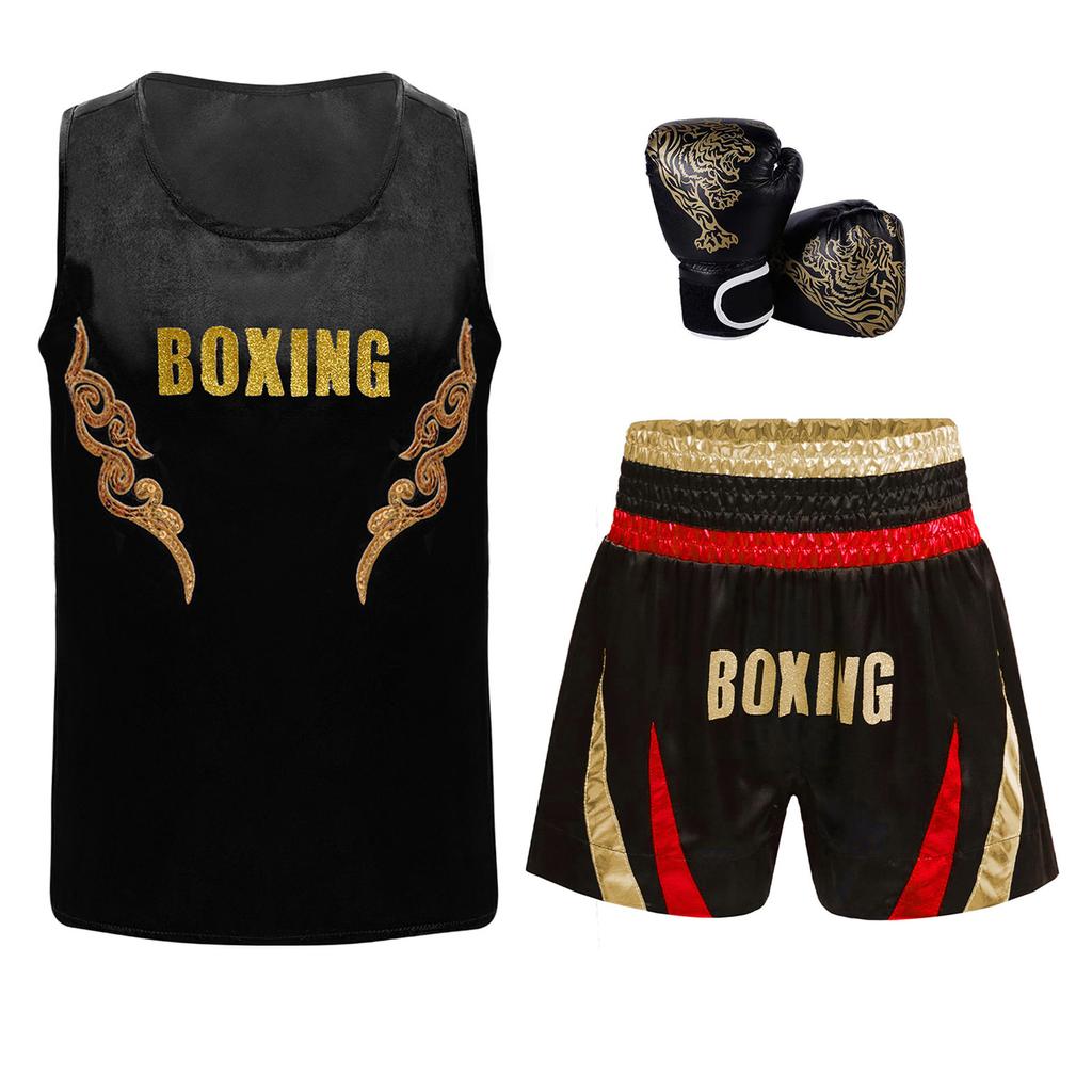 Muay Thai Gym Tops Kids Boxing Vest Boys Martial Arts Outfit Tank Top with Boxer Shorts Fight Grappling Costume Boxer Gloves