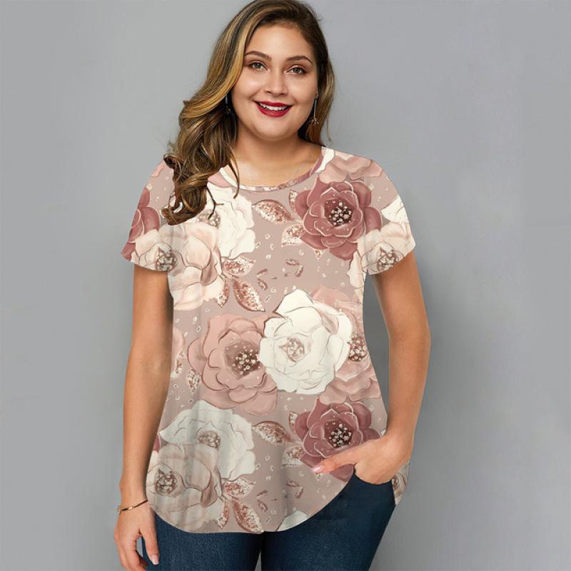 Summer O-Neck Womens T-Shirt Oversized Clothes Harajuku Casual Loose Top Floral Print Funny T-Shirt for Ladies Pullover Street
