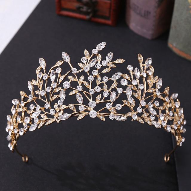 Baroque Vintage Gold Green Crystal Leaf Bridal Tiaras Crown Rhinestone Pageant Diadem Bride Headbands Wedding Hair Accessories