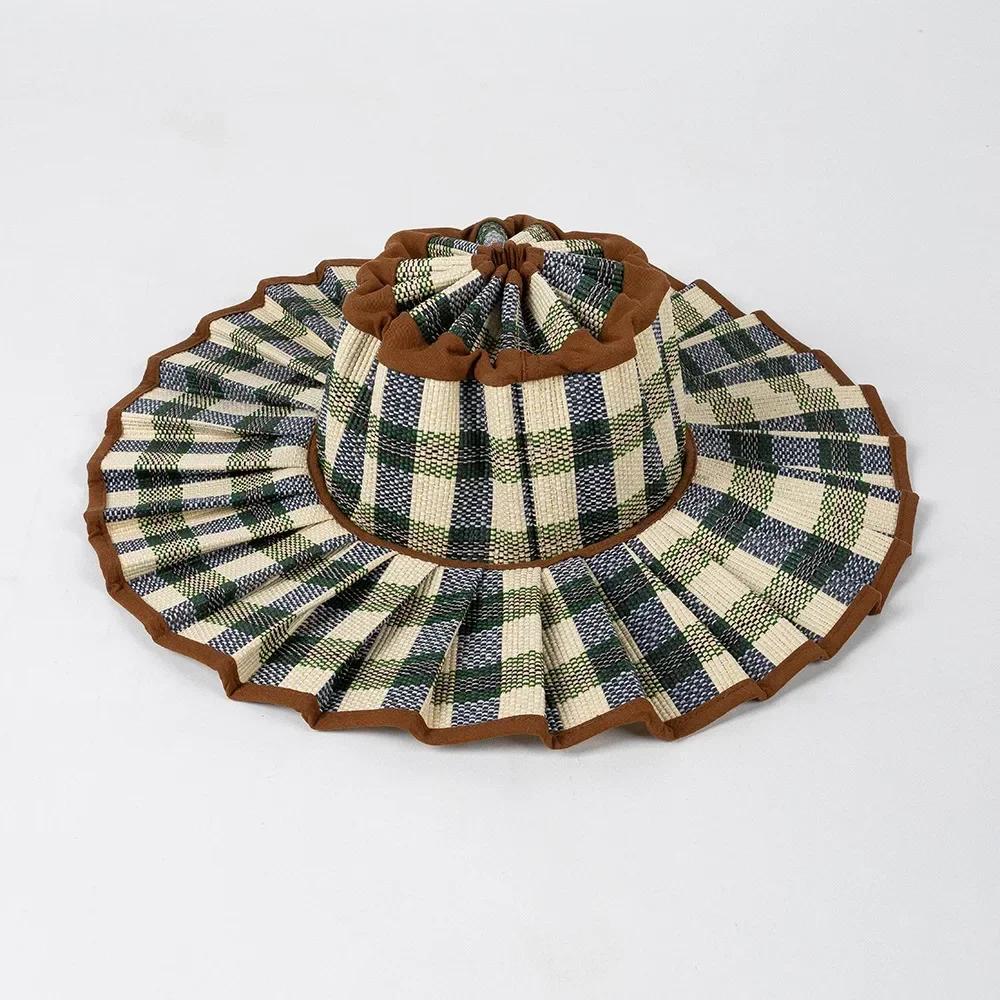 Y2K Parent-Child Summer Reversible Pleated Sun Hats for Women Casual Straw Hat Outdoor Beach Shade Straps Lady Gorras Para Mujer