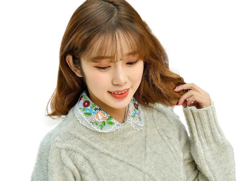 Embroidered Sweater Lapel Fake False Collar Female White Half Shirt Tie Detachable Collars Button Blouse Tops Decorative