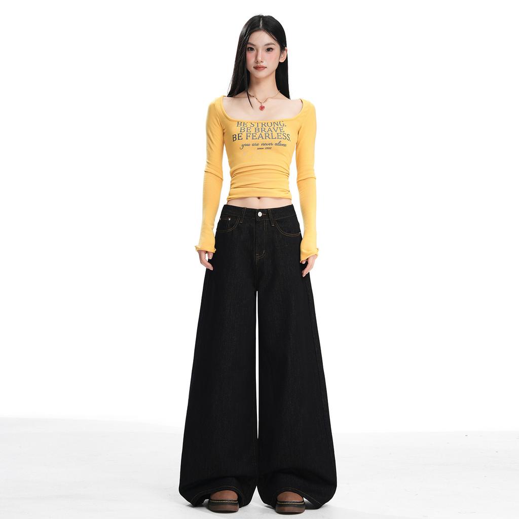 American Retro | Non-fading Denim | Loose Wide Legs | Drape Floor Jeans for Women