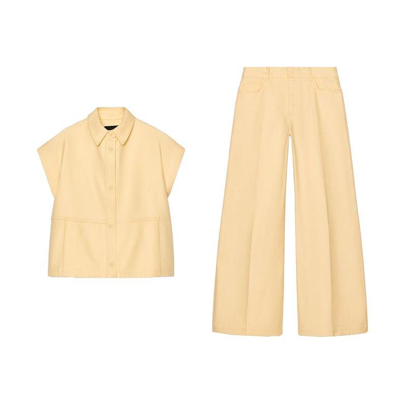 Cotton Blend Lapel Sleeveless Drop Shoulder Design Loose Vest 5216065 Mid Waist Wide Leg Trousers 5216064