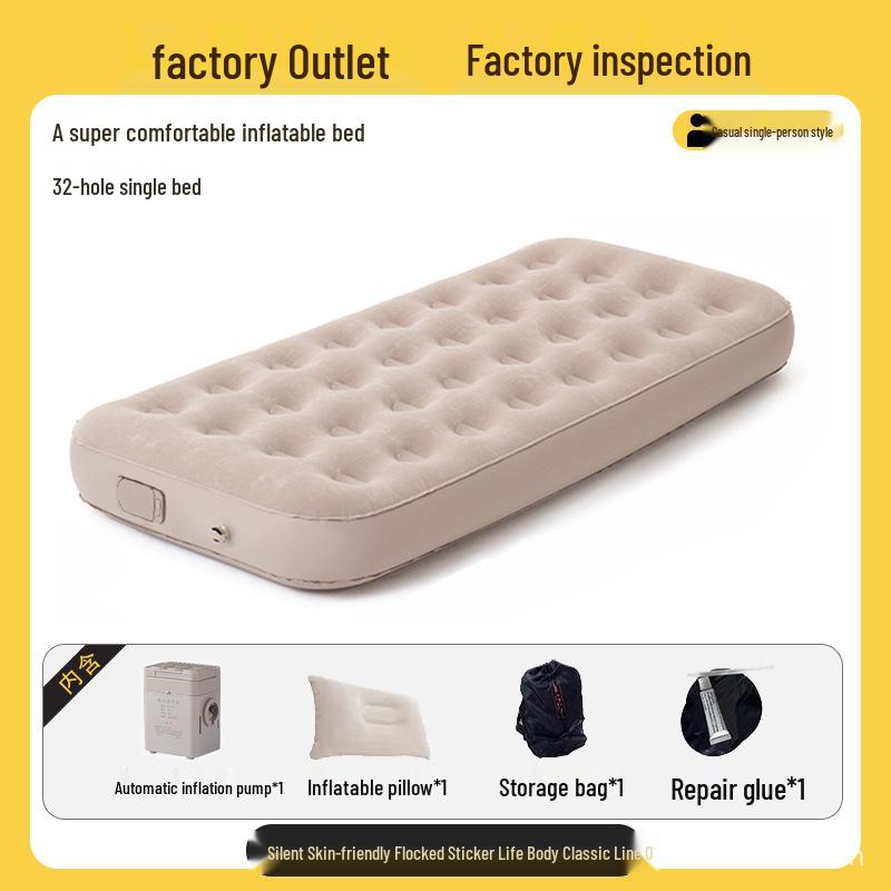 Beige Double Inflatable Camping Mattress: Portable, Thickened, and Foldable for Outdoor or Lunch Break Use.