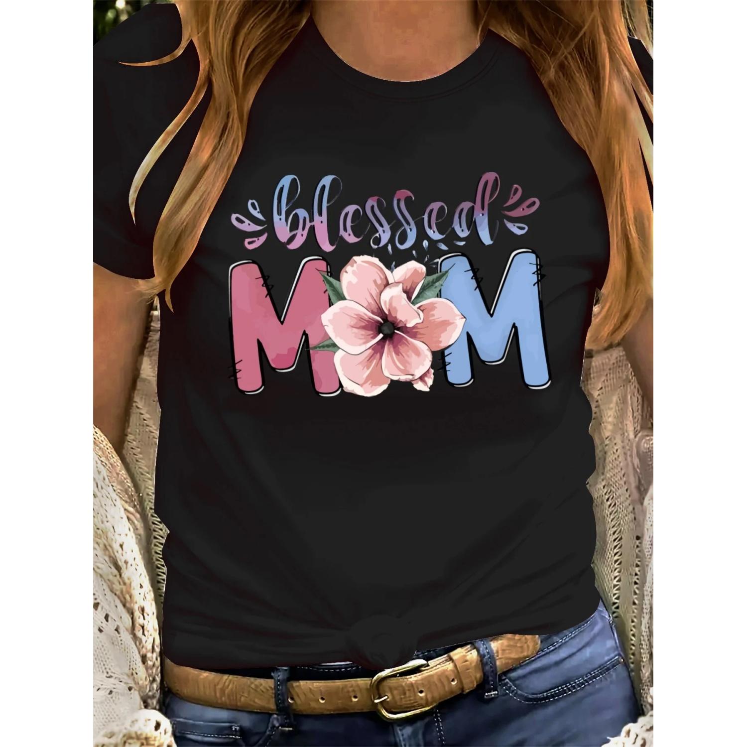 Women s Blessed Mom Graphic Tee Short Sleeve Round Neck Casual Sporty Style Perfect for Spring Summer Multiple Colors S чёрный