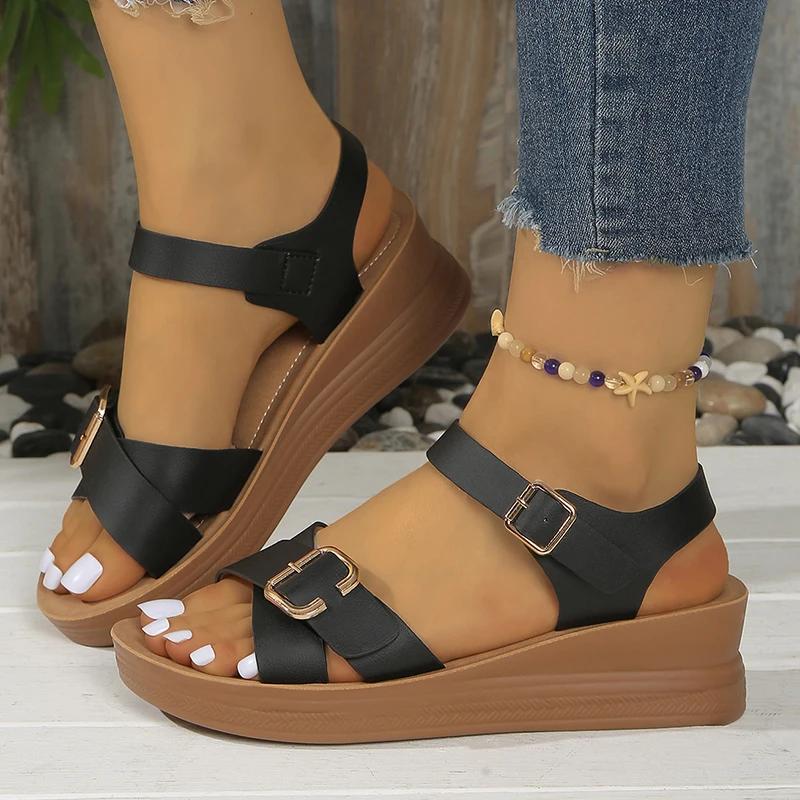 Fashion Women's Sandals Buckle Design Wedge Platform Sandals Woman Ankle Strap Thick Bottom Sandles Women Summer Non Slip Rome Sandalias