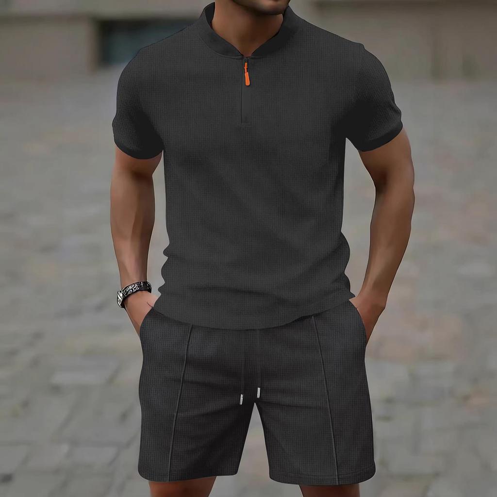 Men's Casual Waffle Half-Zip Short Sleeve Shorts Set - European & American New Style