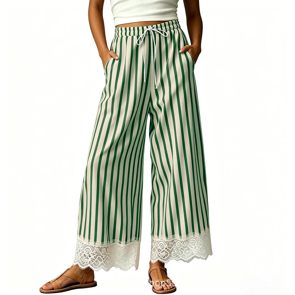Women's Cotton Striped Wide Leg Pants, Length Loose Fit Casual Pull- with Elastic Waist and Lace Trim