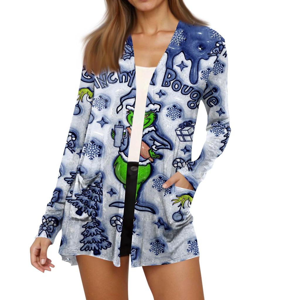 Dámský módní vánoční potisk dlouhý rukáv kapsy slim fit kardigan kabát
