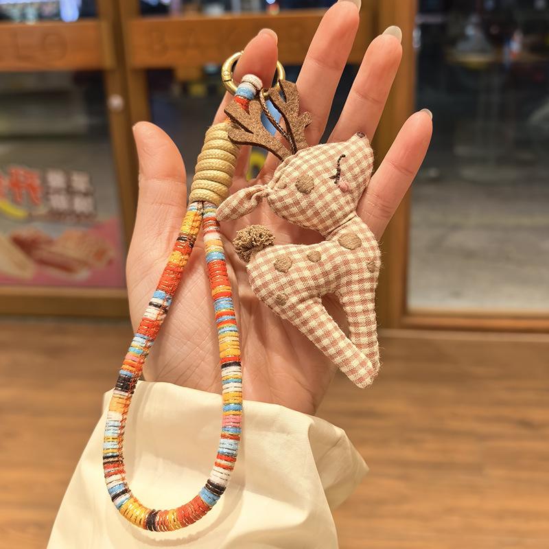 Cute Fabric Deer Bag Charm, Handmade Plush Deer Keychain with Colorful Braided Rope