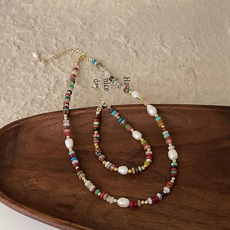 Light Luxury High-End Color Beaded Pearl Necklace Female Retro Elegant Personality Fashion Versatile Neck Chain Collarbone Chain