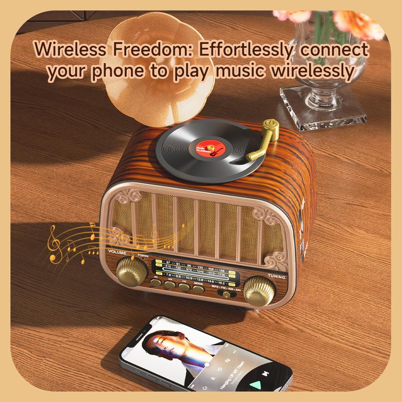 Vícepásmové vintage rádio, přenosné FM AM SW rádio, bezdrátové streamování hudby a přehrávání z TF karty, retro styl pro domácnost/zahradu