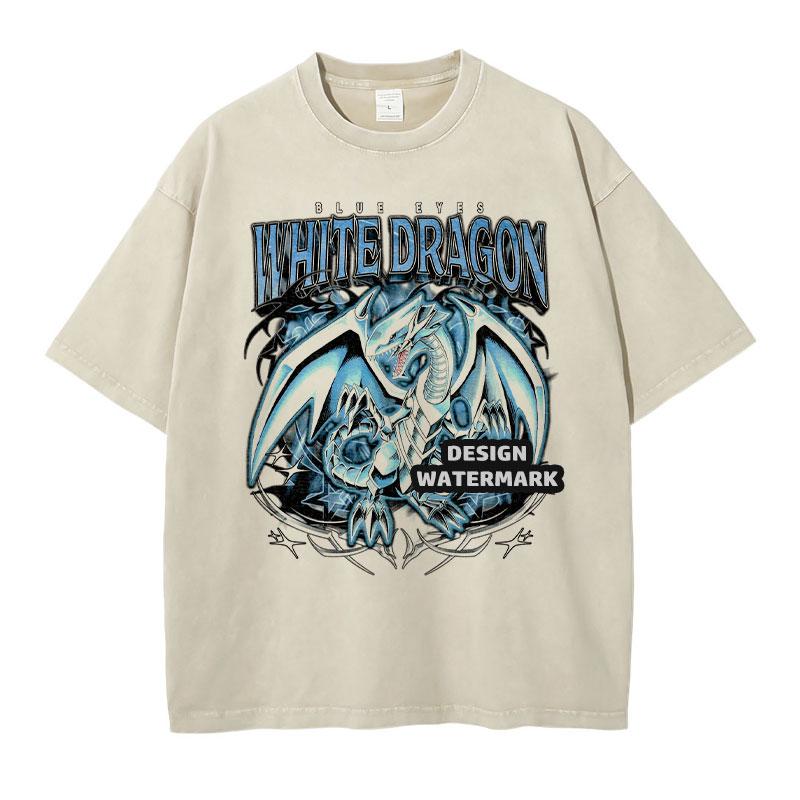 Anime Yu Gi T Shirts Manga Vintage Washed Oh Blue Eyes White Dragon Tshirt Oversized Yugioh T Shirt Retro Tops Tees Man Cotton
