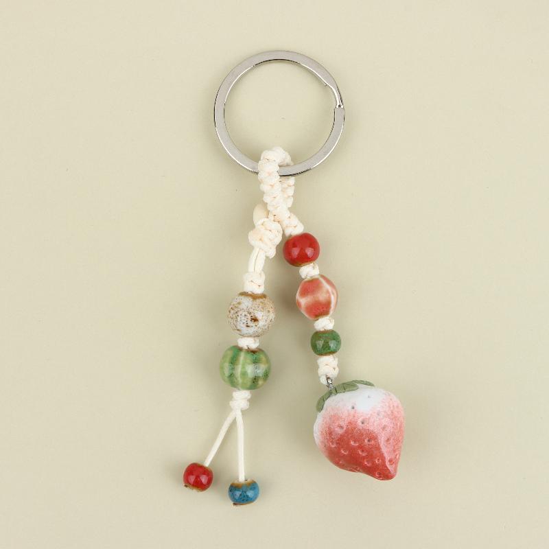 Handmade Ceramic Strawberry Pepper Keychain Vintage Style Smooth Surface Key Ring for Purse Hanging Decoration Gift