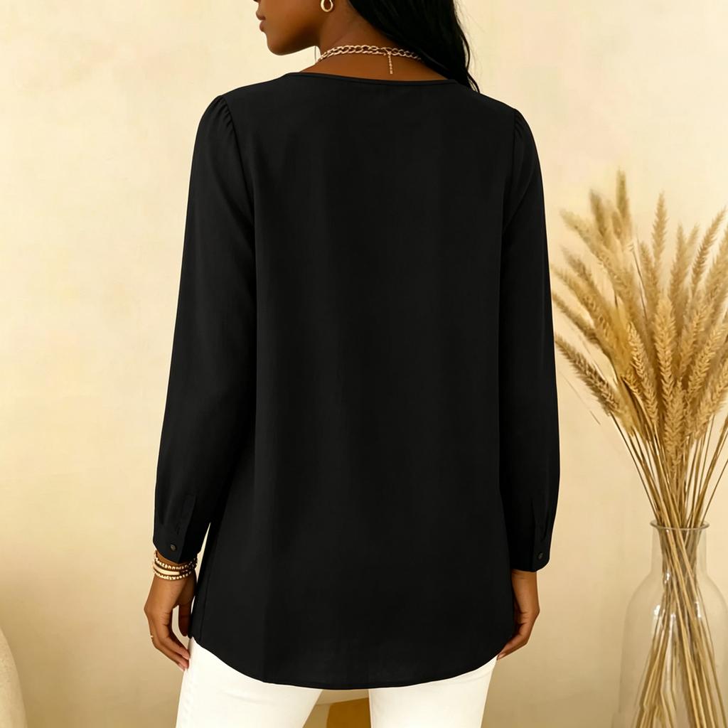 Women's Pleated V Neck Long Sleeve Blouse Button Detail Casual Lightweight Top for Work or Everyday Wear