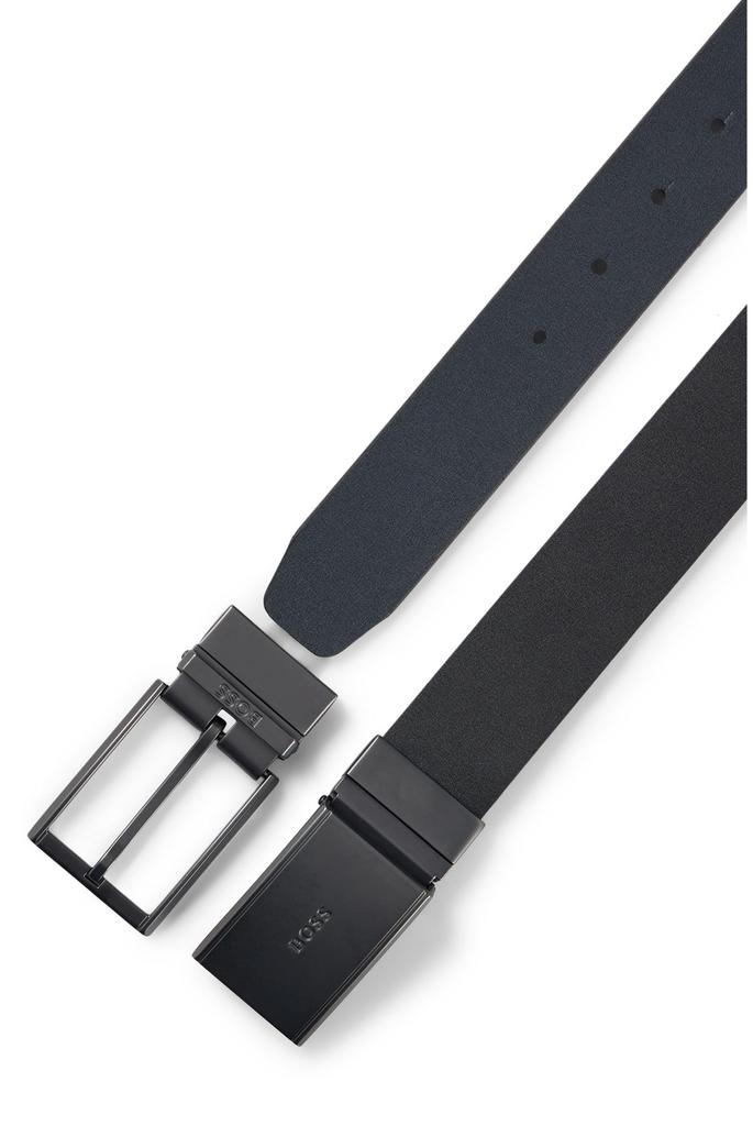 Italian Leather Gunmetal Buckle Reversible Belt for Black [BOSS] Men, ONESIZE,