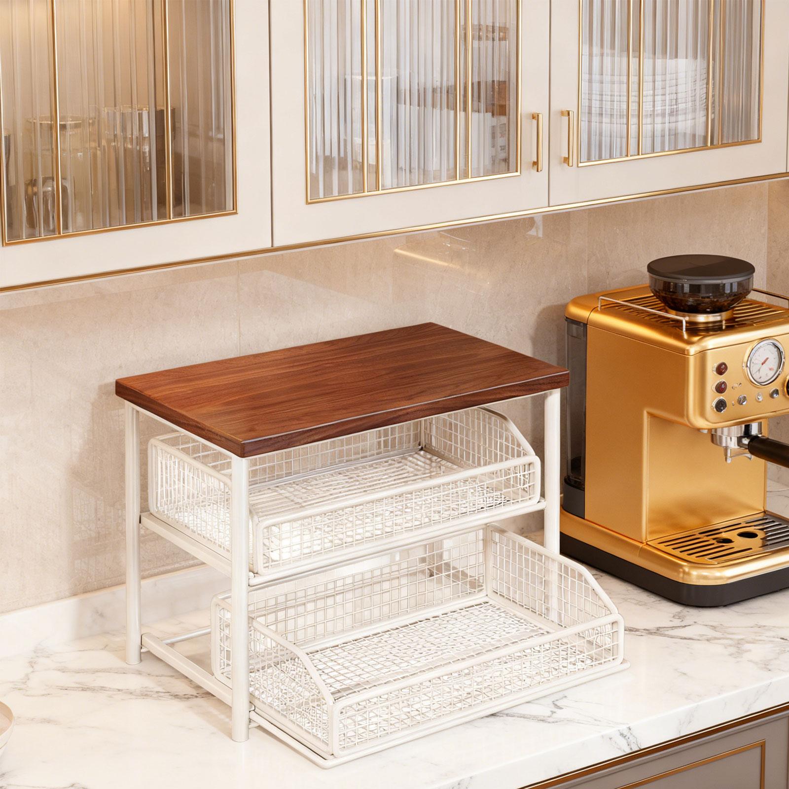

Coffee Organizer Station Spices Rack Storage Shelves Coffee Counter Shelf Wooden Kitchen Counter Shelf 2 Tier for Tabletop