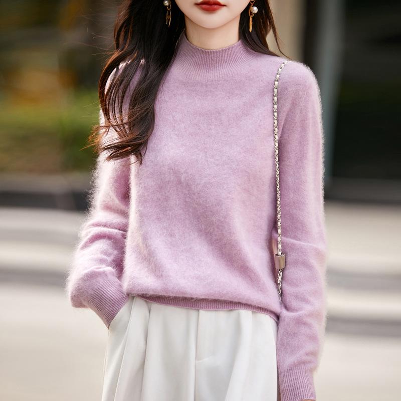 Milk Huhu Women's Solid Color Half-High Collar Wool Knit Sweater - Lazy Style, Brushed Fleece for Autumn/Winter