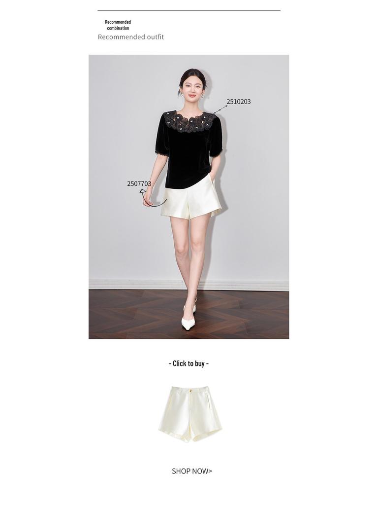 Wysokiej jakości jedwabny aksamitny top z kwiatowym haftem i koralikami, z krótkim rękawem i okrągłym dekoltem - Letnia elegancja dla kobiet