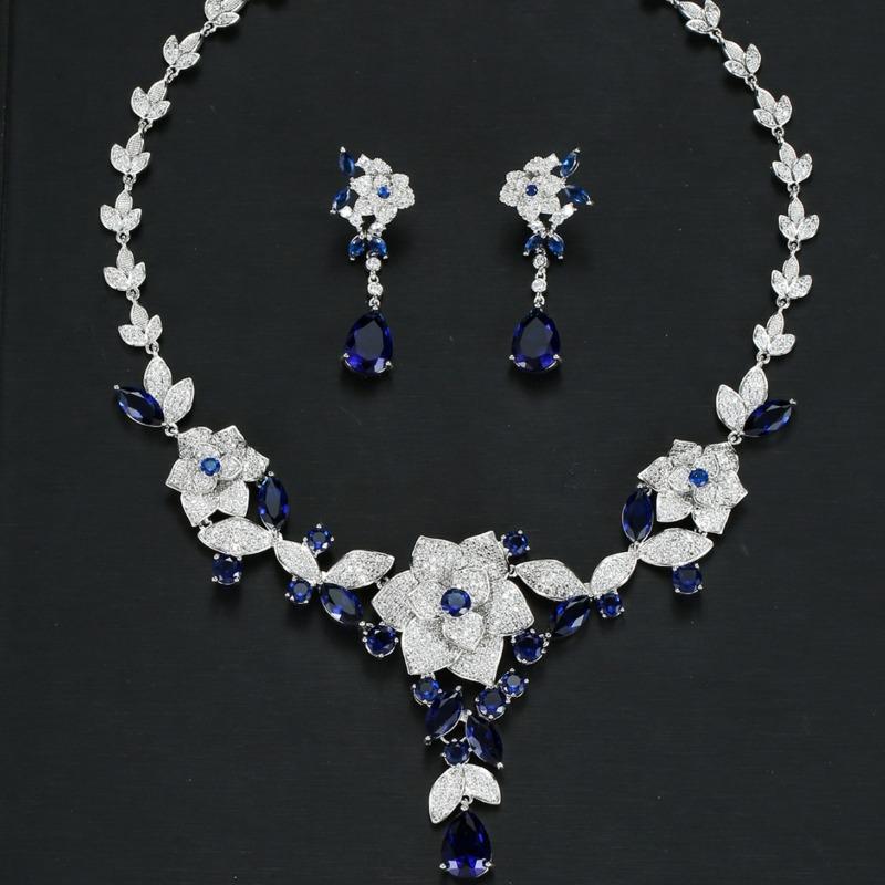 Luxury Camellia Bridal Zircon Necklace Earrings Set Gala Wedding Dress High-end Jewelry Ladies