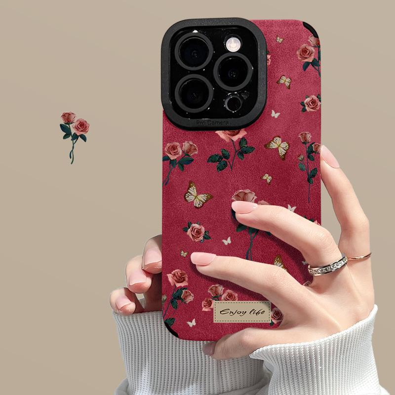 Rose Butterfly Bracelet, Suitable for Apple 16pro Phone Case 15, Retro Anti-drop 14, Suede 13, Soft Silicone 8