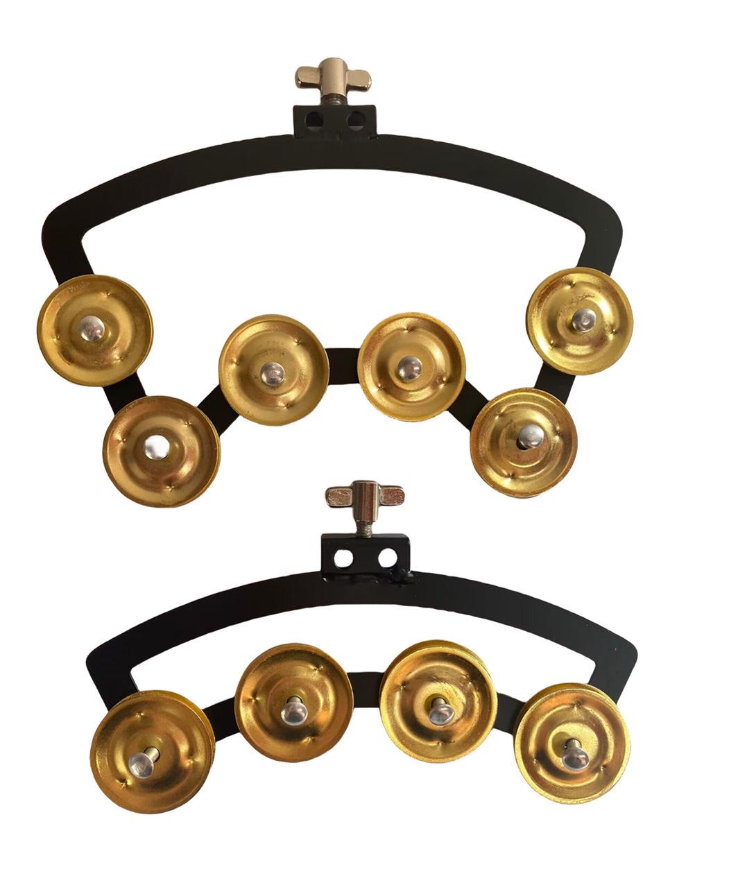 

Drum Set Accessories: Snare Drum, Rattle, Handbell, Attachable Bell Rattle, Cymbals, Gold/Silver 10-12 inch snare with 8 bells