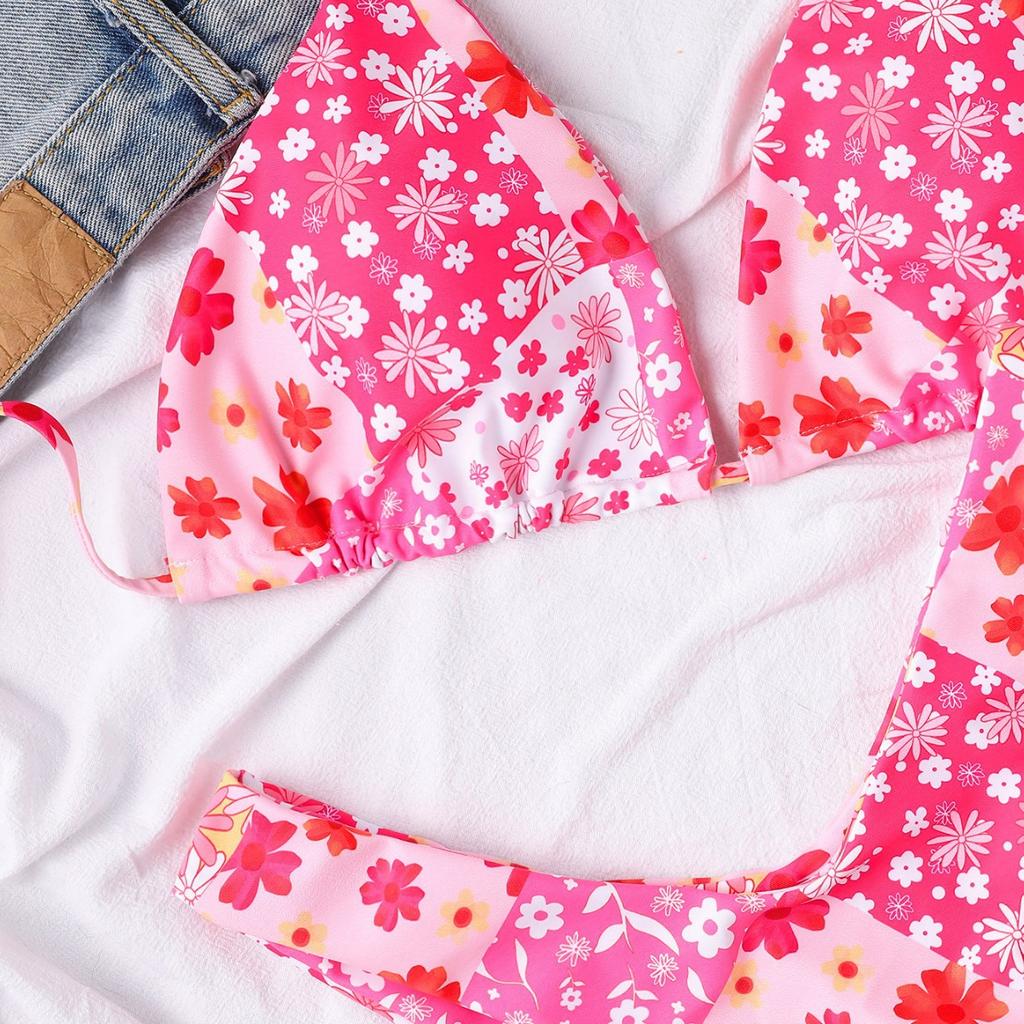 Floral Tie Triangle Cup Sexy Bikini Two Piece Set Elegant Vacation Wear