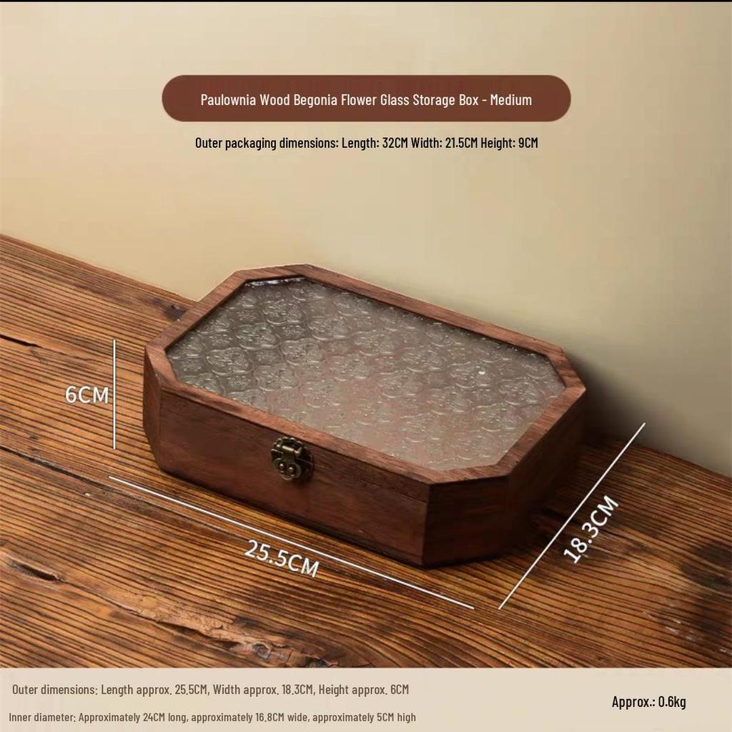 Crabapple Flower Glass Retro Wooden Storage Box for Desktop Sundries and Dressing Table Decor