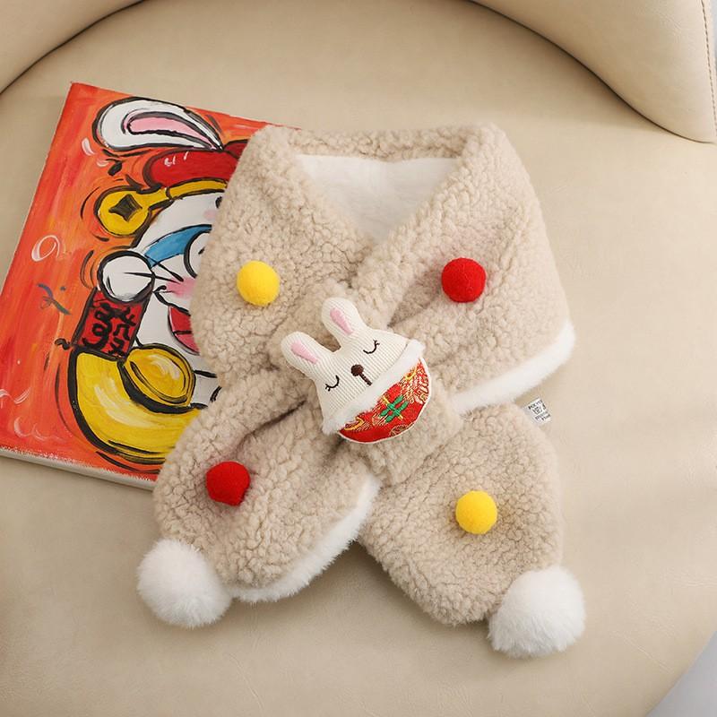Cute Cartoon Rabbit Pompom Scarf Winter Warm Knitted Neck Warmer Women Men Unisex Fashionable Red Festive Accessory