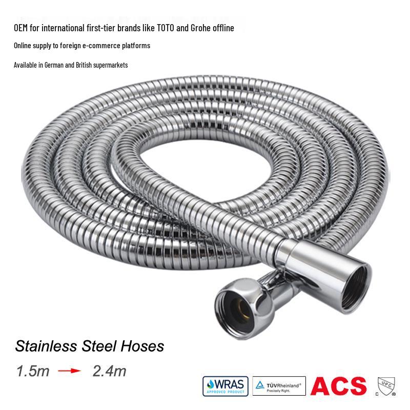 European & Japanese Style High-Pressure Shower Hose: 1.5-2m, Cold/Hot Water, Copper Cap, Stainless Steel, Double Buckle
