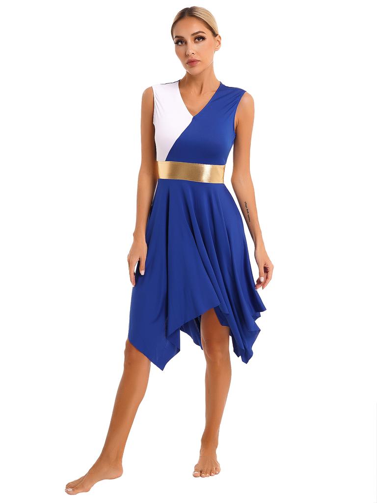 Womens Party Dance Dress V Neck Sleeveless Color Block Patchwork Irregular Hem Performance Outfit