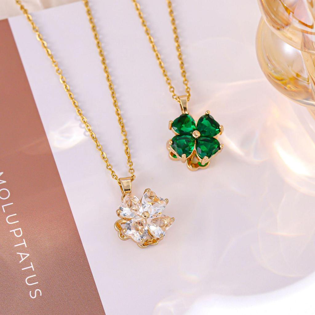 Clover Necklace with Spinning Four-Leaf Design, Diamonds & Colored Zircon, Titanium Steel Chain