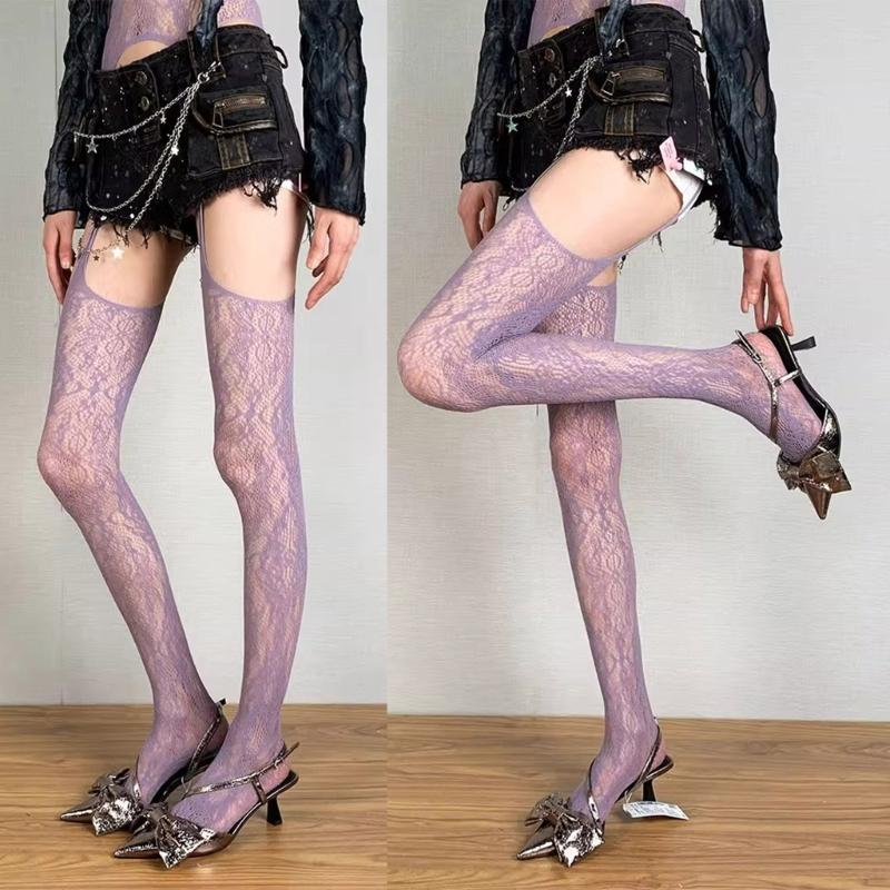 Fishnet Thigh High Garter Stockings Patterned Tights for Women Girls Garter Belt Tights Suspender Pantyhose Streetwear