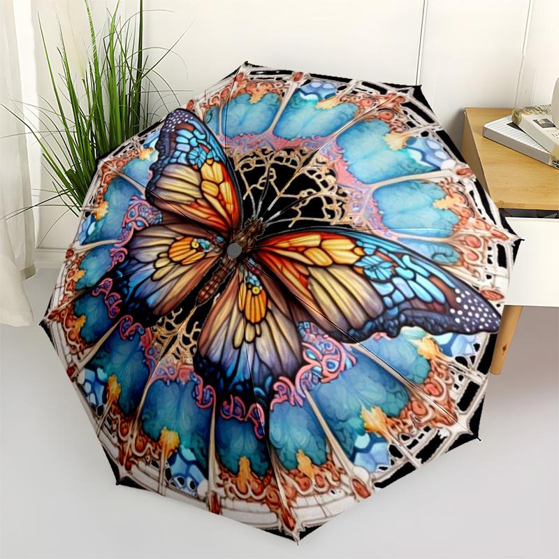 

1pc Butterfly Mandala Automatic Umbrella - Stylish, Durable, with 8-Rib Manual Open Design, Elegant Black Handleyy250920094