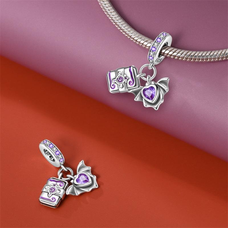 Halloween Party Copper Heart Shaped Bat And Magic Book Pendant Beads Fit Charms Diy Bracelet For Jewelry Making Women Gift