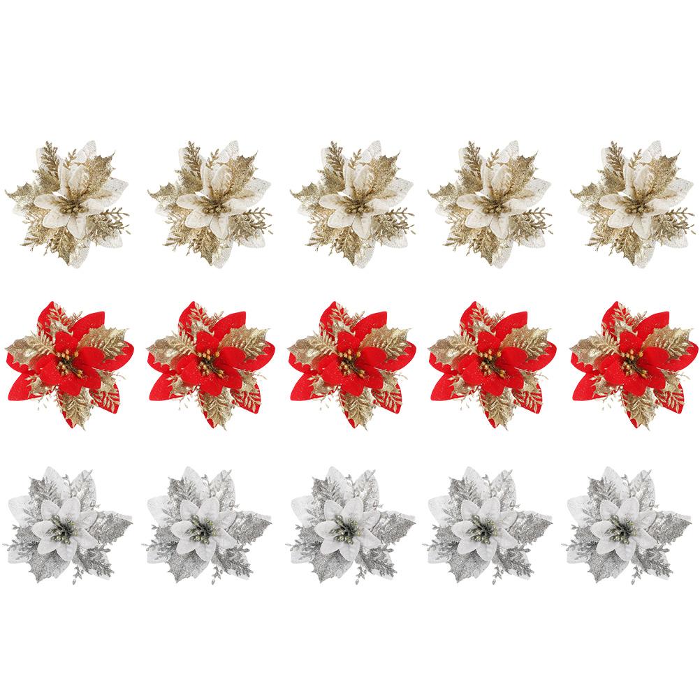 10pcs Christmas Glitter Poinsettia Flowers Tree naments Flower Artificial Decoration Tree nament Xmas Party Supplies