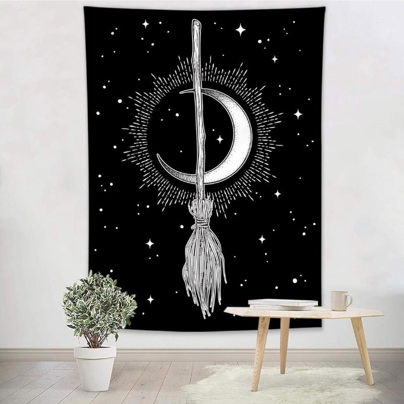 Halloween Tapestry Witch's Magic Broom Bohemian Crescent Mysterious Moon Stars Black and White Tapestry Psychedelic Hippie