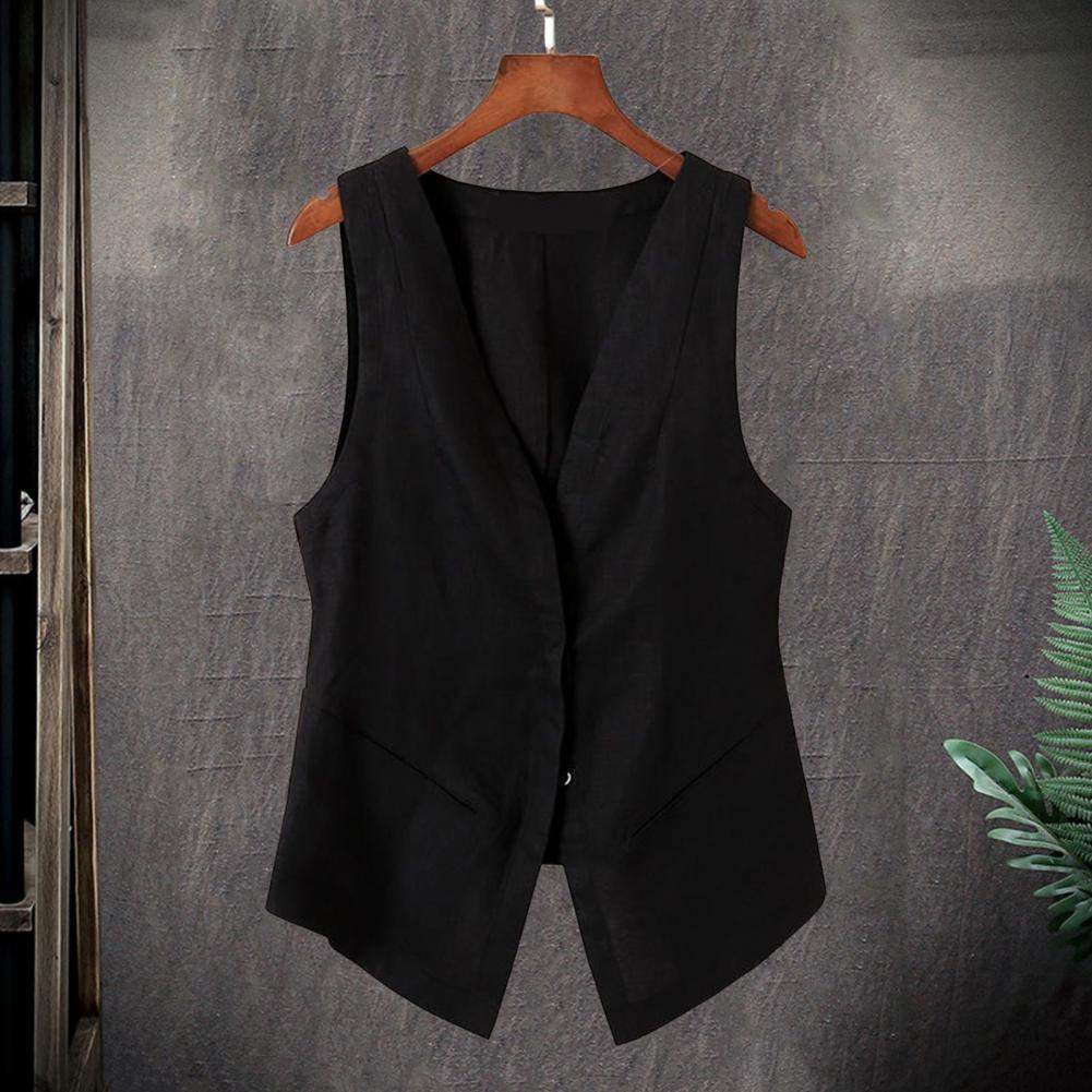 Women Vest Sleeveless Single-breasted Short Type Western Style Vintage Cardigan Pure Color Deep V-Neckline Everyday Daily Wear Lady Wa