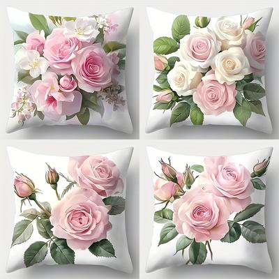 Elegant Pink Rose White Floral Pillow Covers Polyester Zip Closure Cushion Cover Contemporary Living Room Decorative Pillowcase