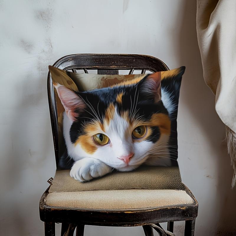 Contemplative Calico Cat Decorative Pillow Cover 18x18 Inch - Contemporary Home Decor with Zipper Closure, Cat Pillow Covers