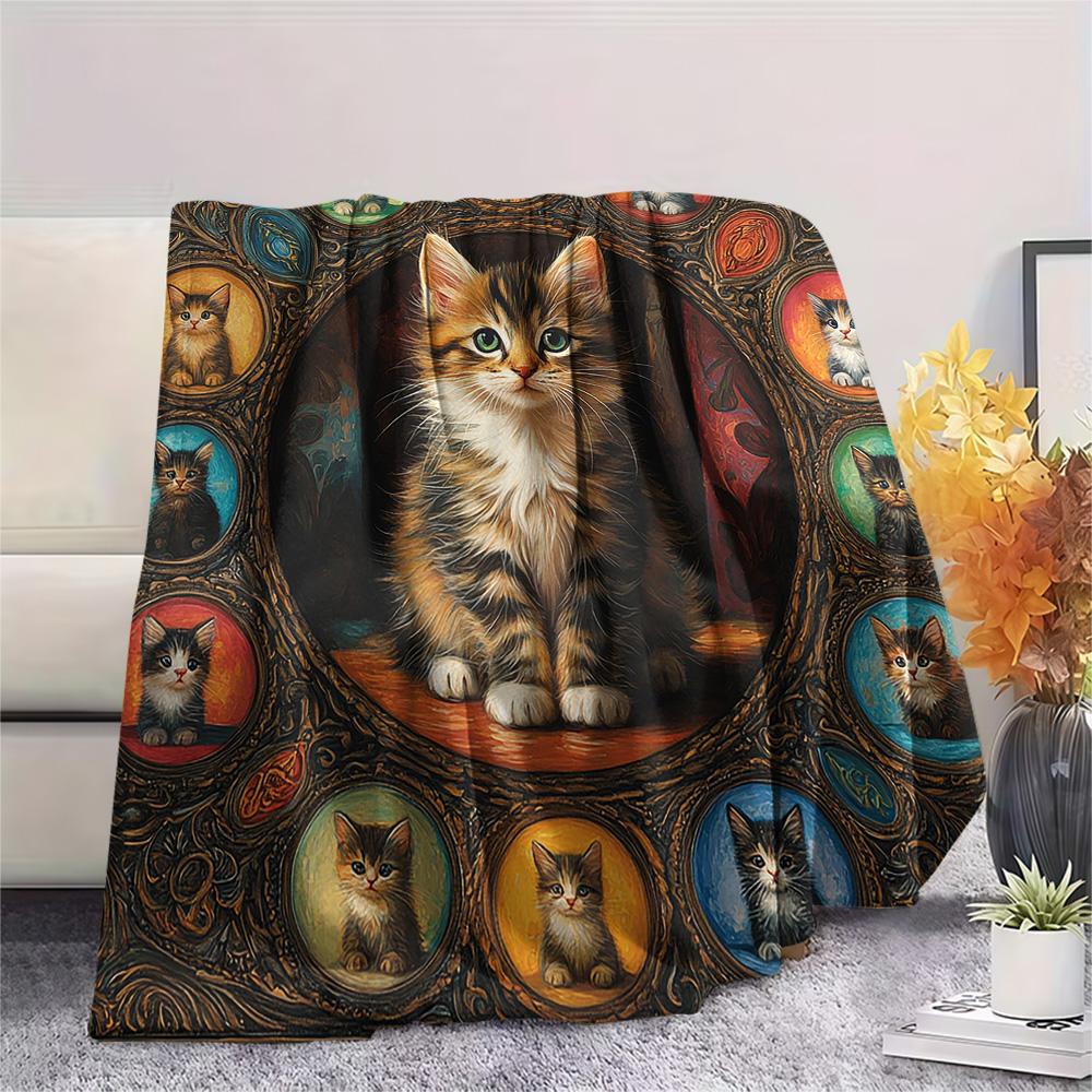 Tabby Cat Print Flannel Blanket, High quality Comfortable for All Seasons, Home Decor, Warmth and Comfort, Perfect for Christmas Gifts