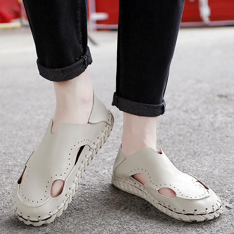 

Мужские походные сандалии бежевые кожаные закрытые серые пляжные туфли широкие сандалии ручной работы большого размера для отца EU:43 бежевый