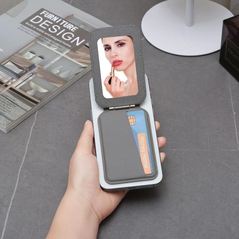 Magnetic Wallet Stand with Mirror Lightweight PU Leather Card Holder Phone Mount for Gym Sports Use