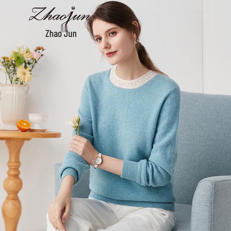 

Zhaojun Women s Color-Block Pure Cashmere Round Neck Pullover Sweater S