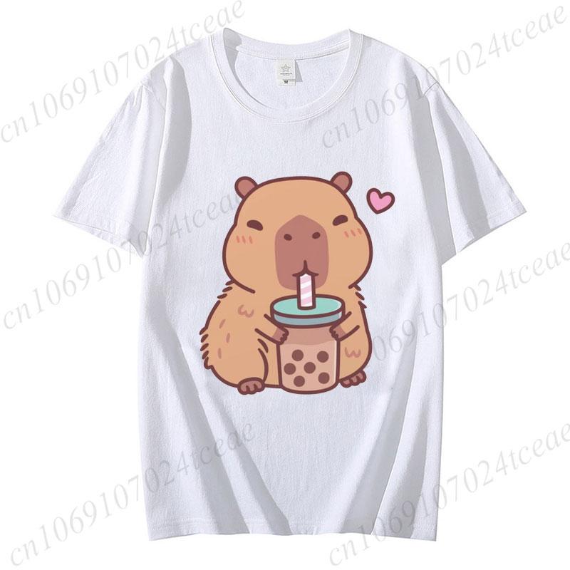 Cute Capybara Loves Bubble Tea Print Women Kids T-Shirt Summer Children's Short-sleeved Casual Pink Tops Adults Boys Girls Gifts