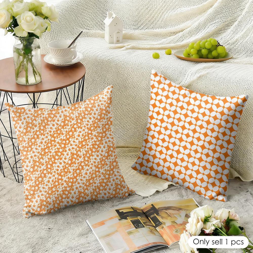 Orange Checkered Polka Dot Geometry Cushion Cover Natural Linen Organic Fabric Printing Breathable Perfect For Home Decor