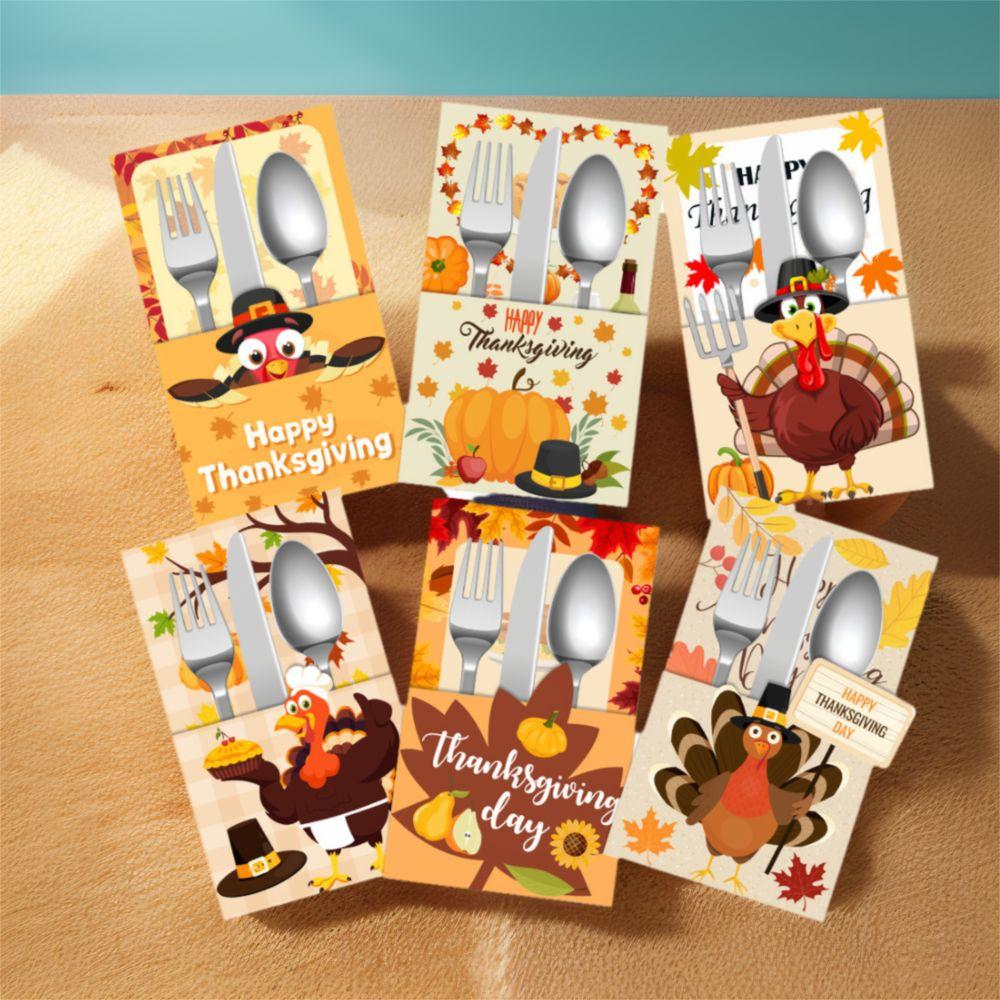 6pcs Turkey Maple Leaf Cutlery Storage Bags Autumn Theme Tableware Cover  Home Decor