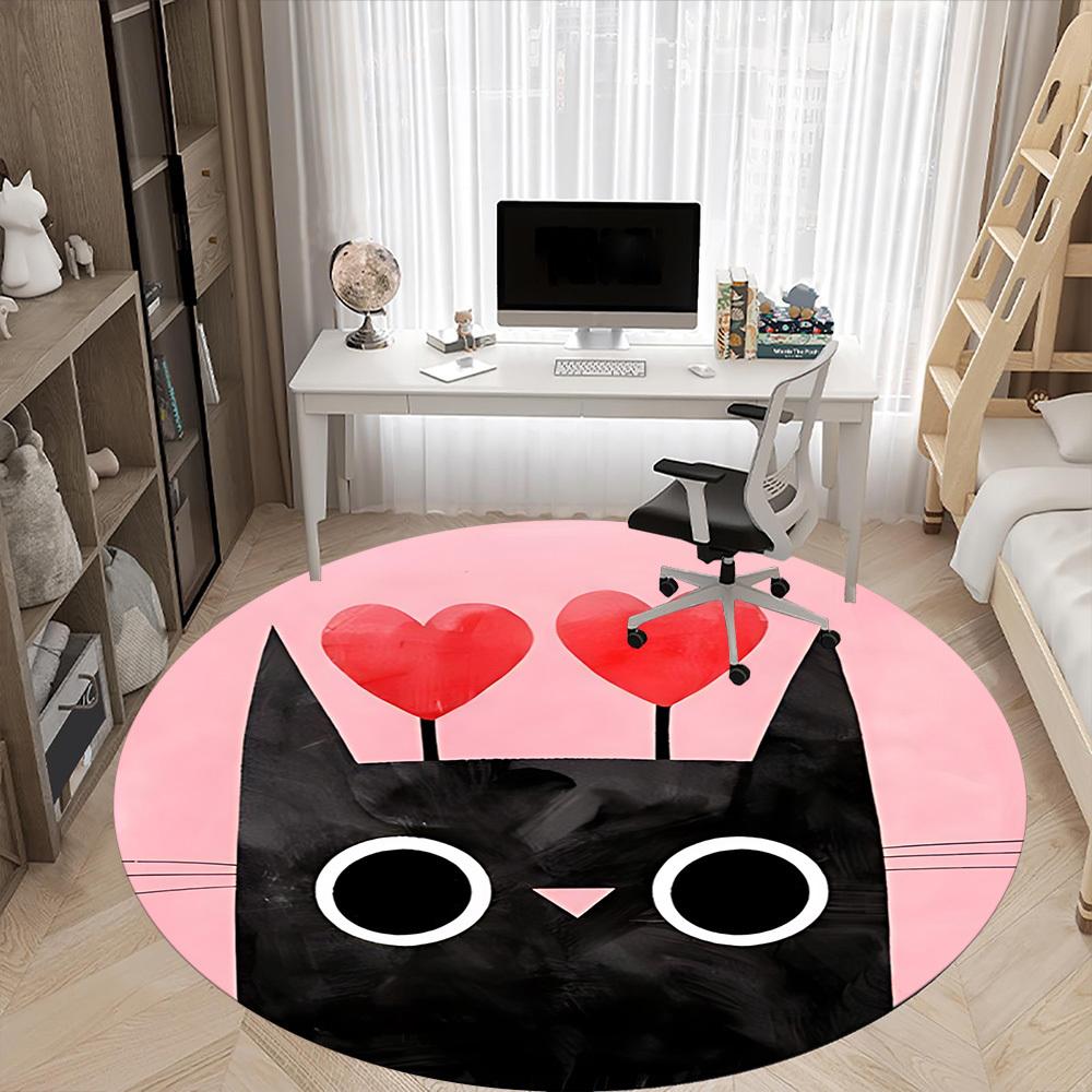 1pc Cat Love Office Round Area Rug, Indoor Mat Suitable For Office, Under Office Chairs Bedroom Living Room Home Decor, Room Deco 047